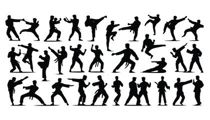 various martial art poses in black and white silhouette