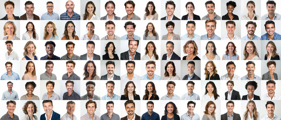 People - a grid of 84 unique square headshots of a variety of diverse, smiling, friendly people in a corporate, business casual style - 1 of 2 in a set