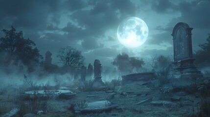 A spooky cemetery with fog rolling in and a full moon shining above