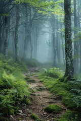 Obraz premium Misty forest trail, soft morning light filtering through trees Low angle, ethereal feel, muted greens