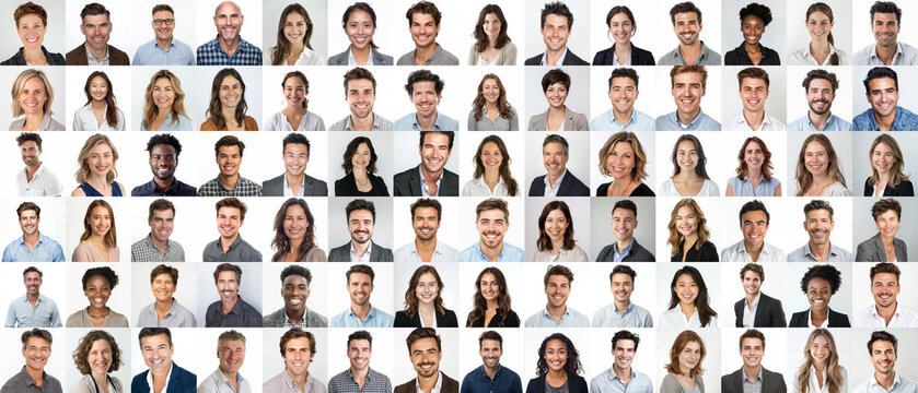 People - a grid of 84 unique square headshots of a variety of diverse, smiling, friendly people in a corporate, business casual style - 1 of 2 in a set