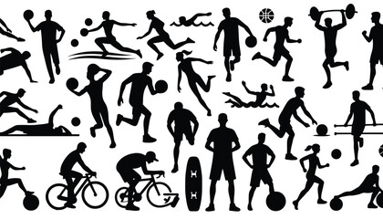 people in various sports activities in black and white silhouette collection set