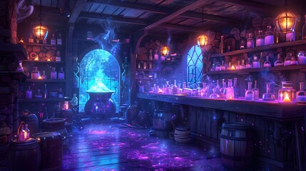 Obraz premium A witch s potion room with bubbling cauldrons and glowing bottles