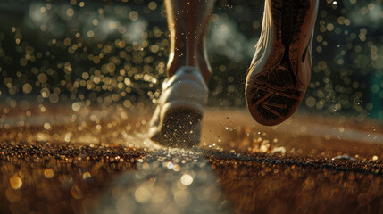 Focused Footwork in a High Jumper's Final Leap Steps on a Textured Track with Dynamic Bokeh