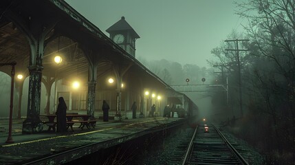Fototapeta premium A haunted train station with ghostly figures waiting for a train