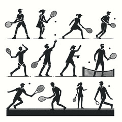Fototapeta premium people playing tennis in black and white silhouette collection set