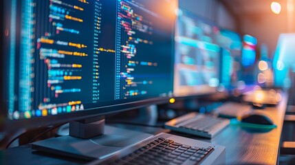 Business computer system is receiving updates online. Software upgrade is in progress. 