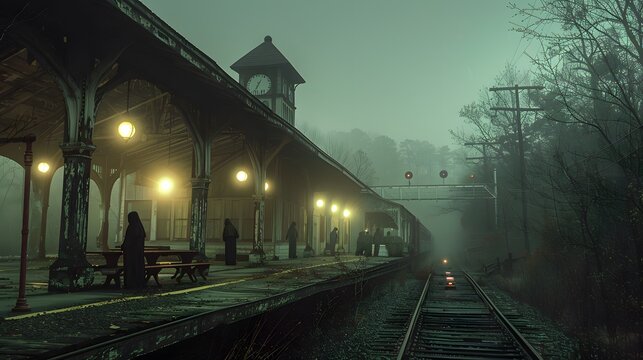 A haunted train station with ghostly figures waiting for a train