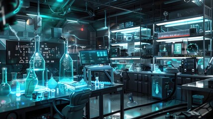 Fototapeta premium A high-tech lab filled with advanced equipment and scientists studying strange, glowing substances.