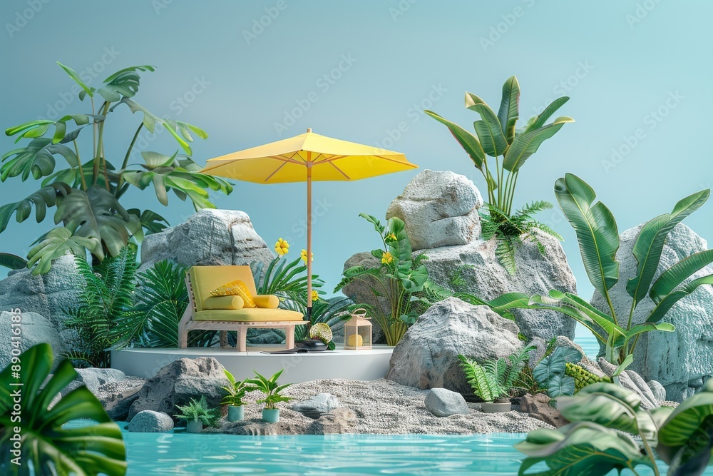 Canvas Prints Tropical Beach Scene with Yellow Umbrella and Rocks