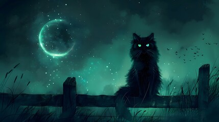 A black cat with glowing green eyes sitting on a fence under a crescent moon