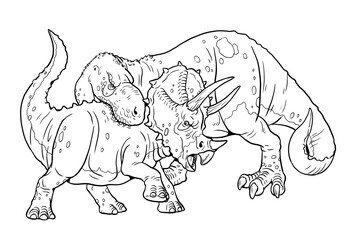 Predatory dinosaur Tyrannosaurus Rex attacks the Triceratops. Dinosaur battle to color in. Drawing with prehistoric animals.