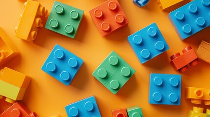 Colorful building blocks on orange background.