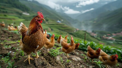 Fototapeta premium Mountainous chicken farm, hens with a breathtaking view, rugged and natural landscape, serene and picturesque farming location