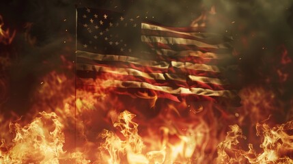 American flag burning in flames on dark background