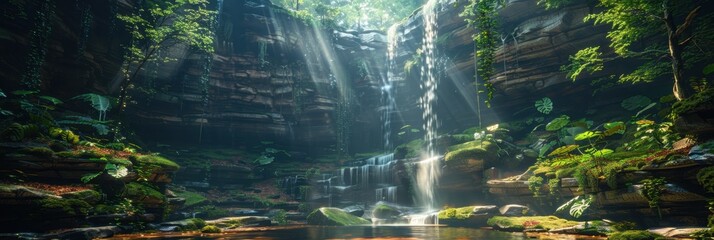 Serene jungle waterfall cascading into a lush, sunlit pool surrounded by vibrant green foliage and gently flowing water.