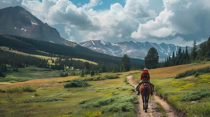 Obraz premium Sporty mountain woman rides in trail during endurance trail.