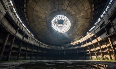 Obraz premium Circular abandoned rotunda with sunlight entering.