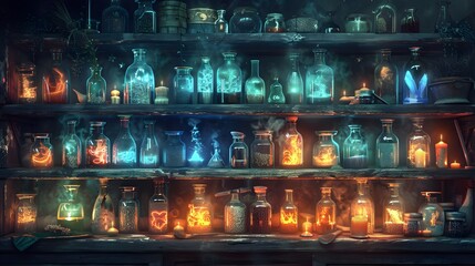 A witch s potion shelf with glowing bottles and magical ingredients