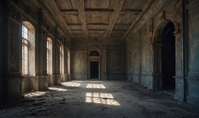 Abandoned grand ballroom with intricate wooden details.