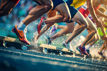 Dynamic Steeplechase Athletes Clearing Barriers at Vibrant Track and Field Stadium