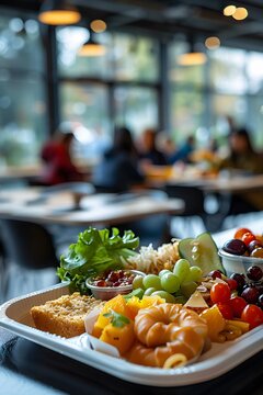 Beautifully arranged lunch box The background is a blurred university cafeteria. Gives a feeling of care and attention to detail. It can be used to promote catering services or recommend food menus.