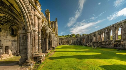 Fototapeta premium A large, grassy field with a stone building in the background