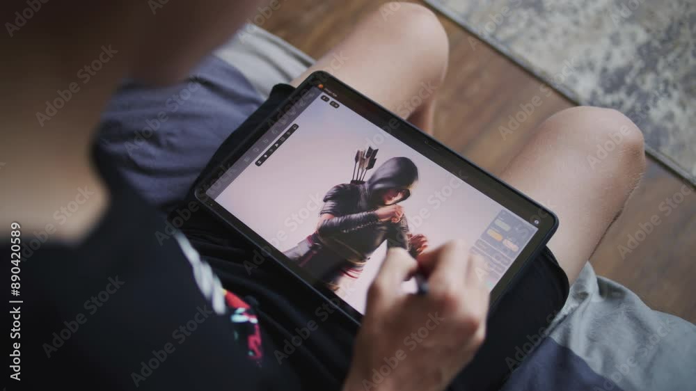 Poster focused teenager with digital pencil and tablet in hands sits in room, draws 3d model. boy creates n