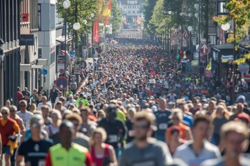 Large Scale Racewalking Event in Major City Streets with Hundreds of Participants and Festive Atmosphere