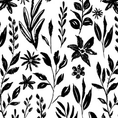 Hand drawn pattern with grunge flowers and leaves. Black inked wild flower silhouettes.