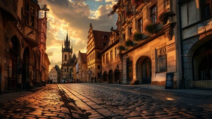 Obraz premium Sunset over Cobblestone Streets and Historic Buildings in a Charming Old Town Square