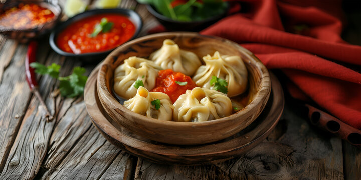 Combo of Veg steam momo and veg soup, Nepalese Traditional dish Momo stuffed with vegetables and then cooked and served with sauce over a rustic wooden background, selective focus