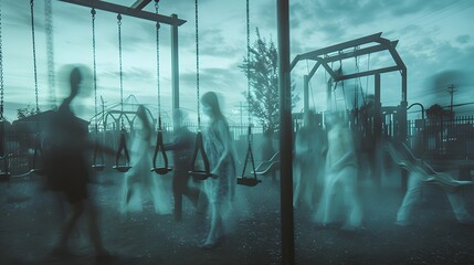 A haunted playground with ghostly children playing on the swings and slides