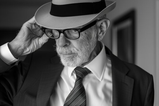 Black and white portrait of a man adjusting his hat