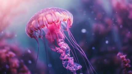 Fototapeta premium A mesmerizing red transparent jellyfish swimming gracefully in the deep ocean