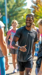 Racewalking Athlete Interacting with Young Fans at Community Event, Promoting Active Lifestyle