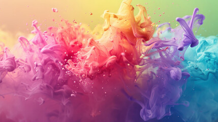 Obraz premium A vibrant abstract composition of colorful paint splashes on a yellow-green gradient background, blending artistic and technological themes