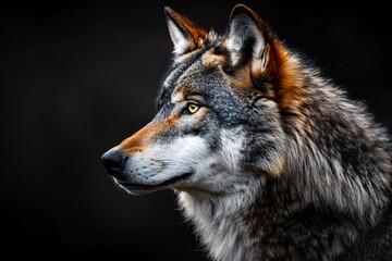 Obraz premium Majestic wolf against black background.