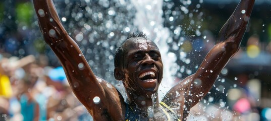 Victory Celebration at the Finish Line - Triumphant Steeplechase Runner Drenched in Sweat and Water