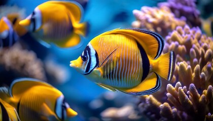 Fototapeta premium Angel butterfly fish Underwater Elegance: School of Angel Butterflyfish Amidst Coral Archway