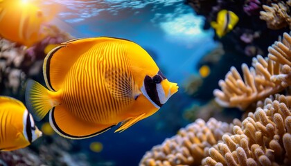 Obraz premium Angel butterfly fish Underwater Elegance: School of Angel Butterflyfish Amidst Coral Archway