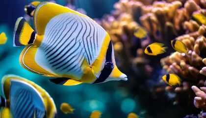 Fototapeta premium Angel butterfly fish Underwater Elegance: School of Angel Butterflyfish Amidst Coral Archway