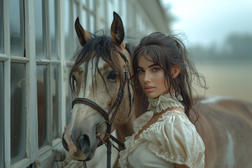 Obraz premium Girl and horse in the forest