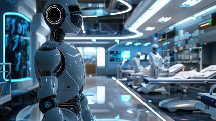 A high-tech medical facility with advanced healing technologies and robotic assistants.