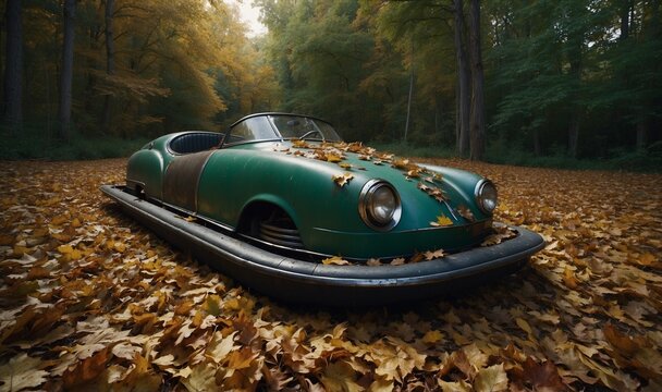 Vintage hovercar covered in autumn leaves forest.