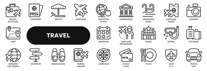 Set of vector line icons related to tourism, summer vacation, airplane travel. Symbols for website or app ui, logo design, illustration