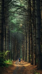Trail Runner Training in Dense Forest Path Surrounded by Towering Trees and Lush Greenery