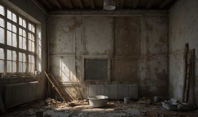 Small, abandoned room with cracked walls and a tub.