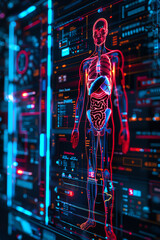 An illustration of a human body made of red and blue glowing lines on a dark background with a circuit board pattern. Generative ai.