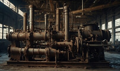 Large industrial machinery with multiple rusted pipes.